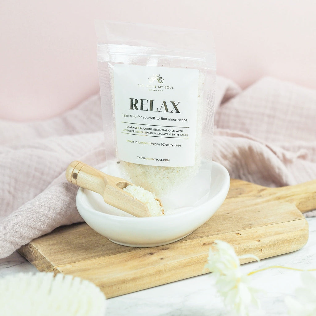Relax Luxury Himalayan Bath Salts with Lavender, Jojoba Essential Oils with Lavender Seeds
